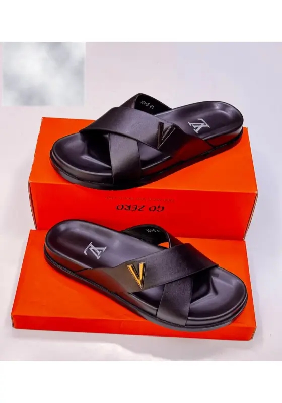 black cross-strap slides