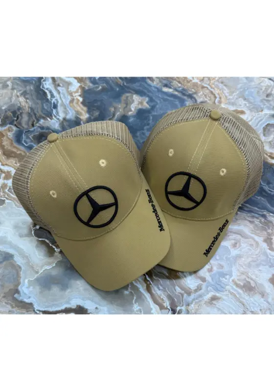 beige Mercedes-Benz trucker-style baseball cap