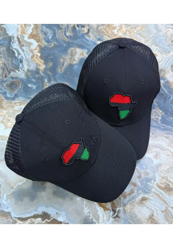 black mesh-back trucker cap featuring an embroidered Pan-African Africa map patch